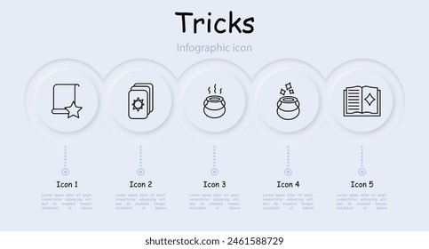 Magic set icon. Tricks, fireball, wizard hat, magic wand, dreams, cloud, moon and stars, infographic, magic broom, flying cane, hat come to life, spice grinder, neomorphism. Focus concept.