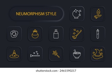 Magic set icon. Tricks, fireball, wizard hat, magic wand, dreams, cloud, moon and stars, fortune telling ball, magic broom, flying cane, hat come to life, spice grinder, neomorphism. Focus concept.