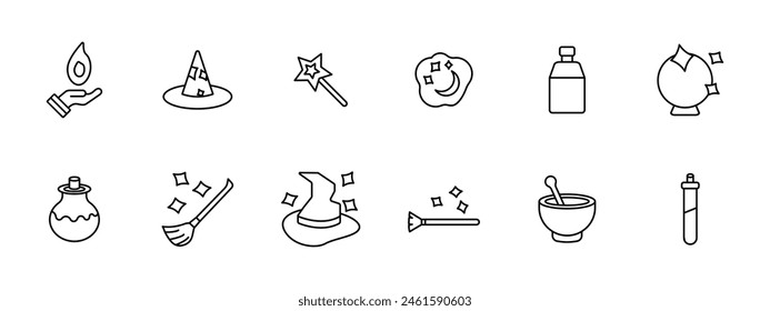 Magic set icon. Tricks, fireball, wizard hat, magic wand, dreams, cloud, moon and stars, fortune telling ball, magic broom, flying cane, hat come to life, spice grinder. Focus concept.