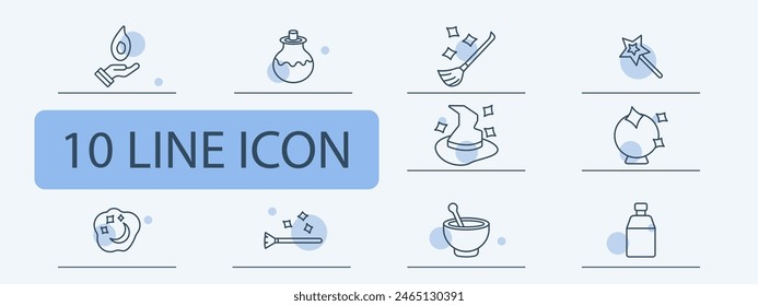 Magic set icon. Tricks, fireball, wizard hat, magic wand, dreams, cloud, moon and stars, fortune telling ball, magic broom, flying cane, hat come to life, spice grinder. Focus concept.