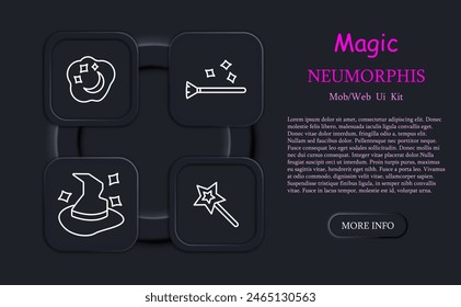 Magic set icon. Tricks, fireball, wizard hat, magic wand, dreams, cloud, moon and stars, fortune telling ball, magic broom, flying cane, hat come to life, neomorphism, spice grinder. Focus concept.