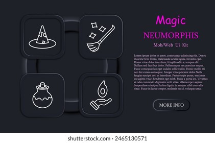 Magic set icon. Tricks, fireball, wizard hat, magic wand, dreams, cloud, moon and stars, fortune telling ball, magic broom, flying cane, hat come to life, neomorphism, spice grinder. Focus concept.