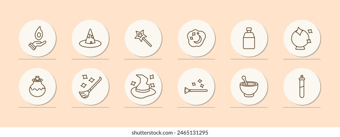 Magic set icon. Tricks, fireball, wizard hat, magic wand, dreams, cloud, moon and stars, fortune telling ball, magic broom, flying cane, hat come to life, spice grinder. Focus concept.