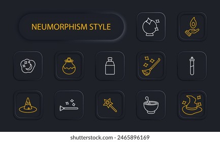 Magic set icon. Tricks, fireball, wizard hat, magic wand, dreams, cloud, moon and stars, fortune telling ball, magic broom, flying cane, hat come to life, spice grinder, neomorphism. Focus concept.