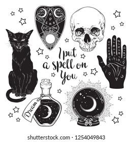 Magic set - planchette, skull, palmistry hand, crystal ball, bottle and black cat hand drawn art isolated. Ink style boho chic sticker, patch, flash tattoo or print design vector illustration