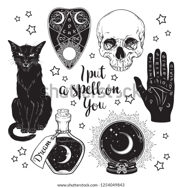 Magic set - planchette, skull, palmistry\
hand, crystal ball, bottle and black cat hand drawn art isolated.\
Ink style boho chic sticker, patch, flash tattoo or print design\
vector illustration