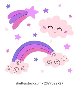 Magic set of star, clouds and rainbow, magic cloud character, cute objects to decorate celestial designs. Collection of cute celestial objects for children's designs, creating patterns.