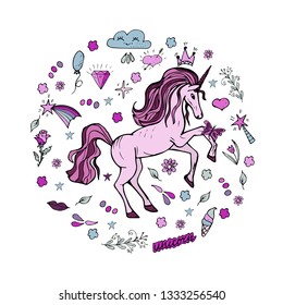 Magic set of stickers for girls in pink. Unicorn, butterfly, flowers, heart, balloon, ice cream. Isolated objects on a white background in the form of a ball.