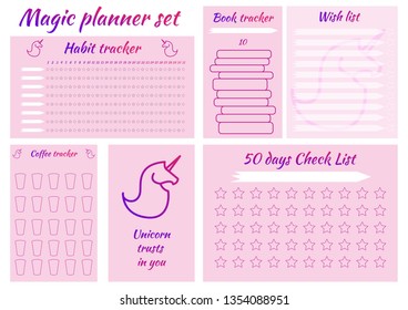 Magic set with trackers habits. Tracker habits, for reading books, for coffee, for planning, wishlist and motivational poster. Unicorns, pink, stars. For girls and dreamers