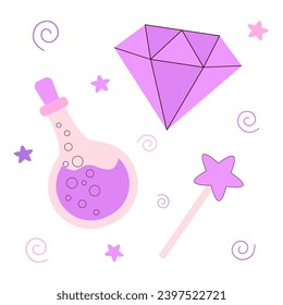 Magic set magic wand, crystal diamond and potion, fantasy mood, cute objects to decorate mysterious designs. A collection of cute fairytale objects for children's designs.