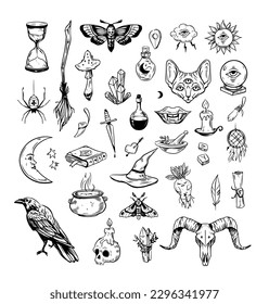 Magic set. witch tools, Wizards equipment  Vector alchemy or sorcery elements set. Vector sketch illustration