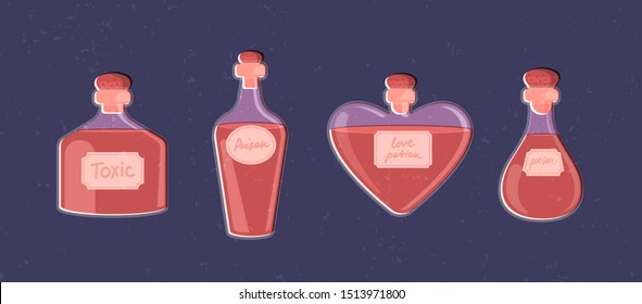 Magic set of witch's bottles with potion and poison. Flat vector illustration.
