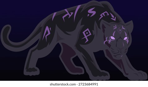 Pantera de sombra mágica con runas brillantes - Ilustración vectorial bestia negra mística para Juegos RPG de fantasía oscura