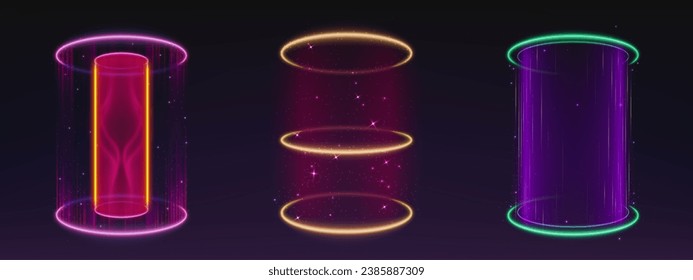 Magic shimmering light portals set isolated on black background. Vector realistic illustration of neon purple, yellow, green, pink hologram for space game ui design, sparkles and mist effect, teleport