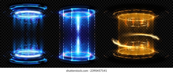 Magic shimmering light portals set isolated on black background. Circle portals, teleport, hologram gadget. Blank display, stage or magic portal. Virtual reality, cyber space podiums. Vector