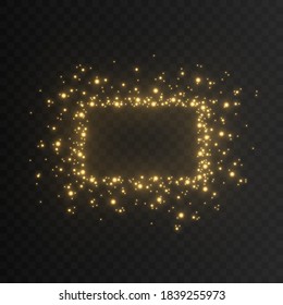 Magic Shine. Glowing Gold Frame. Scattering Sparkles. Vector Dust. PNG.