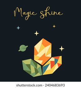 Magic shine postcard with mystical crystals, Saturn and stars. Hand drawing boho and witchcraft style