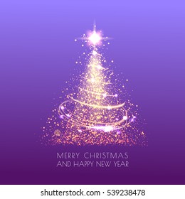 Magic Shining Christmas tree with sparkle and gold dust on violet background. Merry christmas and Happy New Year greeting card. Vector illustration. EPS 10