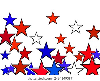 Magic shining cyan blue pink gold flying stars isolated on white border.  Poster red blue white stars on white American patriotic vector.
