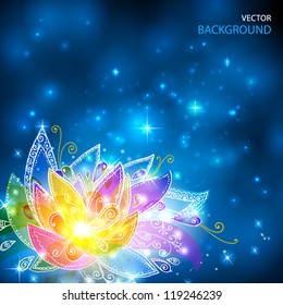 Magic shining rainbow colors esoteric flower on cosmic background