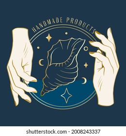 Magic shining shell and hands in a trendy linear style on blue background. Minimalistic emblem for packaging design of handmade products and jewelry. Vector retro illustration. Logo template