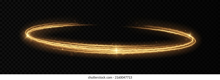 Magic shiny circles twirl on transparent background. Luminous fire lines with sparkles. 