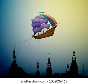 magic ship flying, ship in the evening sky in clouds above the city,  fairy dreamland sailor above the city, vector