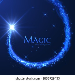 Magic shooting star with tail of glittering particles. Concept for holiday vector festive background or greeting card. Shiny trail, energy motion.