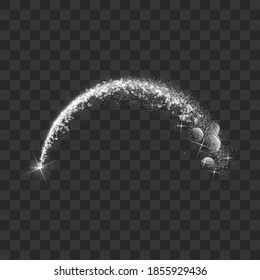 Magic shooting star with tail of glittering particles. Concept for holiday vector festive background or greeting card. Shiny trail, energy motion.