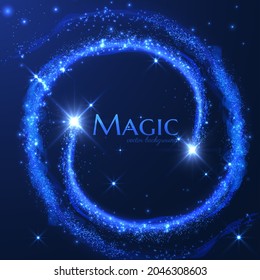 Magic shooting star with tail of glittering particles. Concept for holiday vector festive background or greeting card. Shiny trail, energy motion.