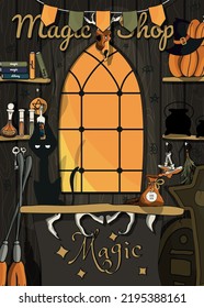 The magic shop. Books on botany, alchemy and potions, witch hat, pumpkin, mushrooms, pentagram, cat-keeper, pot, tombstone, Broom. Halloween props. Ingredients for the spell. Gothic window.