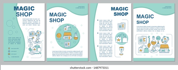 Magic shop brochure template layout. Esoteric store blue flyer, booklet, leaflet print design with linear illustrations. Vector page layouts for magazines, annual reports, advertising posters