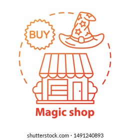 Magic shop concept icon. Witchcraft accessories sale idea thin line illustration. Esoteric souvenirs, supernatural items retail service. Wizard hat and store building vector isolated outline drawing