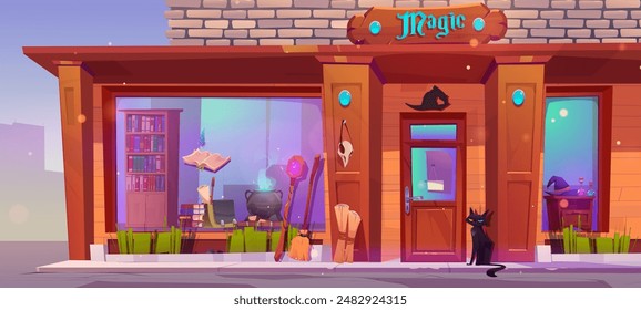 Magic shop facade with wooden entrance door, large window showcase and brick wall. Store of wizard and witch goods - cauldron and books in cabinet, potion in glass beaks and hat, cat on sidewalk.