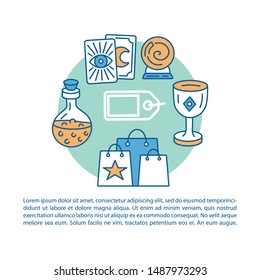 Magic shop goods article page vector template. Brochure, magazine, booklet design element with linear icons and text boxes. Fortune telling. Print design. Concept illustrations with text space 