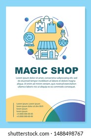 Magic shop poster template layout. Esoteric store building and purchases. Banner, booklet, leaflet print design with linear icons. Vector brochure page layouts for magazines, advertising flyers
