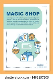 Magic shop poster template layout. Esoteric store goods. Banner, booklet, leaflet print design with linear icons. Fortune telling. Vector brochure page layouts for magazines, advertising flyers