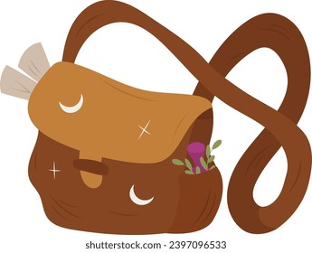 Magic shoulder bag with potion, scroll and leaves for wizard, magician and whitch.Vector