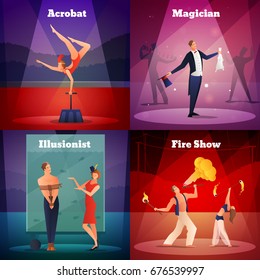 Magic show 2x2 design concept set of acrobat illusionist magician and fire show square compositions flat vector illustration