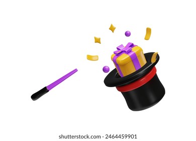 Espectáculo de magia. Ilustración vectorial 3D de un sombrero de mago con una caja de regalo sorpresa y una varita mágica. Ideal para volantes de circo. Estilo de dibujos animados. Fondo aislado.