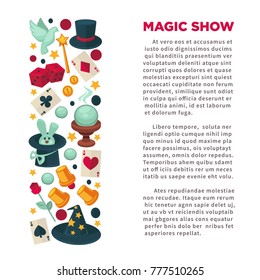 Magic show advertisement banner with equipment for tricks