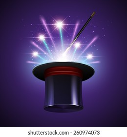 Magic Show Background With Realistic Magician Hat Stick And Fireworks Vector Illustration