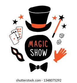 Magic show banner. Magician equipment, top hat, mask, cards, glove, magic wand, bowtie, illusionist performance. Funny doodle hand drawn vector illustration. Isolated on white.