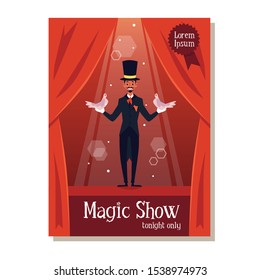 Magic show - banner or poster template with magician or illusionist cartoon character red background, flat vector illustration. Circus entertainment flyer or invitation.
