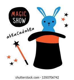 Magic show banner. Rabbit in top hat, illusionist performance. Funny doodle hand drawn vector illustration. Isolated on white.