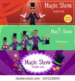 Magic show banner set with cartoon magician man in costume with rabbit in top hat and birds in hands . Colorful flat posters with text template - vector illustration.