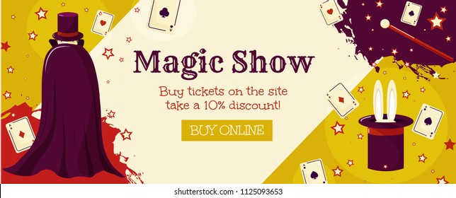 Magic show. A banner template with a wizard, cards and a magic wand. Circus tricks