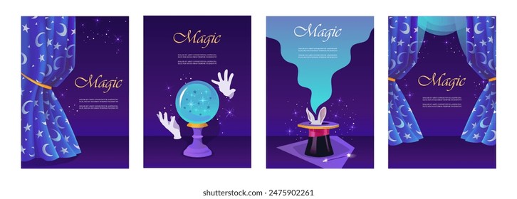 Espectáculo de magia. Hermosas cortinas de noche. Luna y estrellas. Fondo azul oscuro. Sombrero de mago. Bola mágica. Ilustración vectorial.