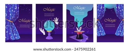 Magic show. Beautiful night curtains. Moon and stars. Blue dark background. Magician's hat. Magic ball. Vector illustration.