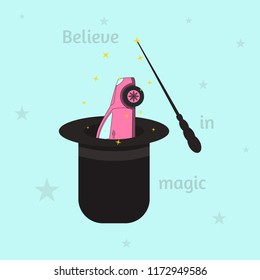 Magic show with car in a hat, magic wand and slogan believe in magic. Slogan of faith. Vector design illustration